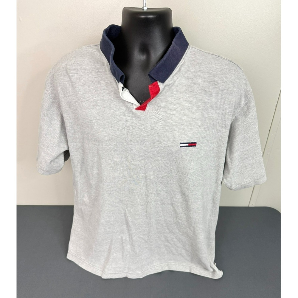 Tommy Jeans Men's Logo Short Sleeve Cotton Polo Shirt Gray Sz Large Preppy FLAW